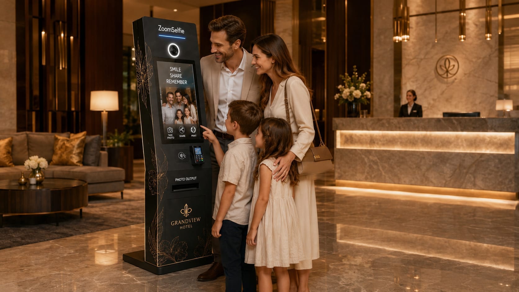 A family using ZoomSelfie in a hotel